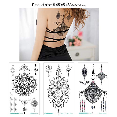 Konsait Tatuajes temporales para adultos Mujer (13 hojas), impermeable Flor Tatuaje Temporal negro Tribal Mandala Adhesivos Tatuajes de cuerpo temporales brazo cuello