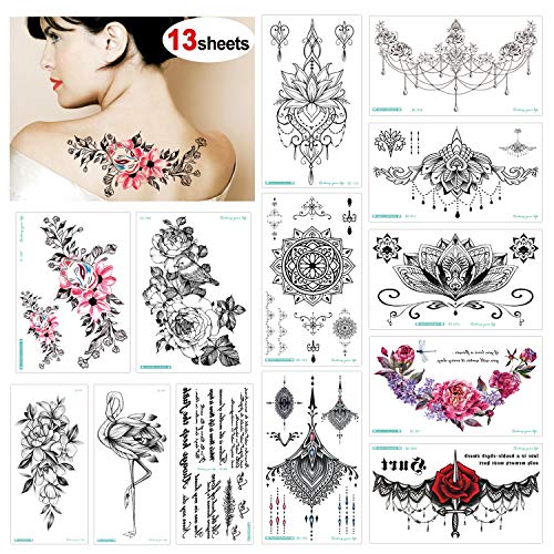 Konsait Tatuajes temporales para adultos Mujer (13 hojas), impermeable Flor Tatuaje Temporal negro Tribal Mandala Adhesivos Tatuajes de cuerpo temporales brazo cuello