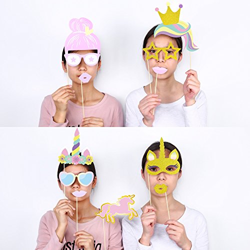 Konsait Unicornio DIY Photo Booth Props Cumpleaños Cabina de Fotos Accesorios Photocall máscaras Gafas en Palos para Niños niñas Regalo Unicornio Decoraciones de Fiesta de cumpleaños (35 pcs)