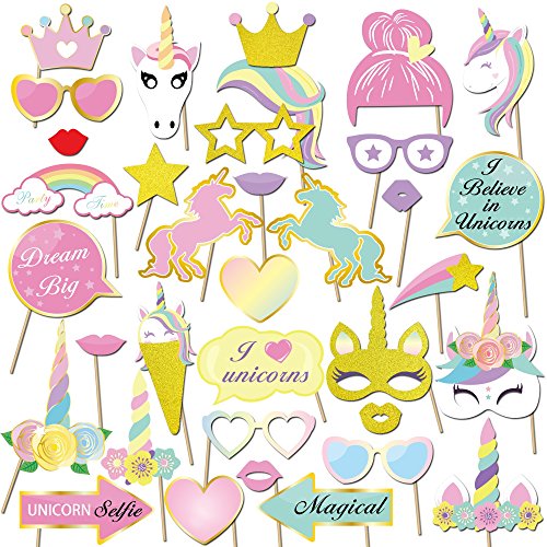 Konsait Unicornio DIY Photo Booth Props Cumpleaños Cabina de Fotos Accesorios Photocall máscaras Gafas en Palos para Niños niñas Regalo Unicornio Decoraciones de Fiesta de cumpleaños (35 pcs)