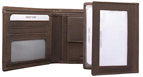 Koruma Cartera para Hombre - Monedero con Bloqueo de RFID Cuero para Tarjetas y Bolsillo Frontal con Botón para Monedas - Marrón, Negro (Marrón - sin Cierre de botón)