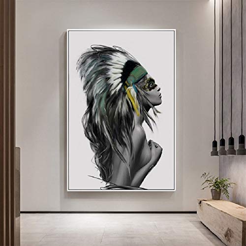 Kwydle Decoración Nórdica Del Hogar Maquillaje Indio Chica Plumas Impresiones De La Lona Carteles De Belleza Arte De La Pared Pinturas Sobre Lienzo Imágenes Decoración De La Sala Sin Marco