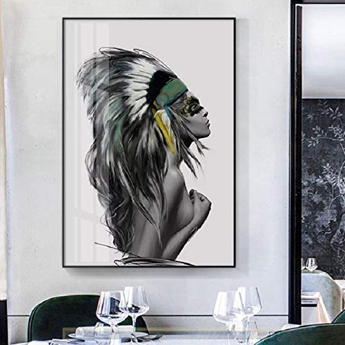 Kwydle Decoración Nórdica Del Hogar Maquillaje Indio Chica Plumas Impresiones De La Lona Carteles De Belleza Arte De La Pared Pinturas Sobre Lienzo Imágenes Decoración De La Sala Sin Marco