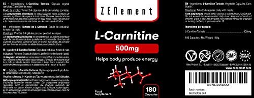 L-Carnitina | 180 cápsulas x 500mg | Ayuda al cuerpo a producir energía, mejorar el rendimiento deportivo y perder peso | Vegano, sin gluten