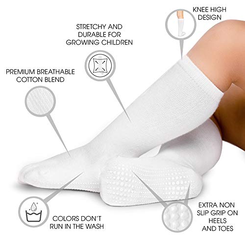 LA Active Calcetines Altos Rodilla Antideslizantes - 5 Pares - para Bebé Niños Niñas Infantil - Algodón (Blanco, 6-12 Meses)