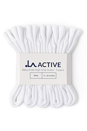 LA Active Calcetines Altos Rodilla Antideslizantes - 5 Pares - para Bebé Niños Niñas Infantil - Algodón (Blanco, 6-12 Meses)