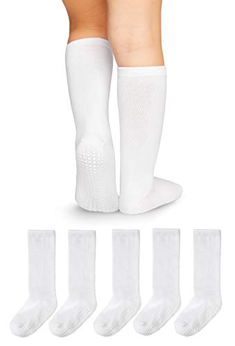 LA Active Calcetines Altos Rodilla Antideslizantes - 5 Pares - para Bebé Niños Niñas Infantil - Algodón (Blanco, 6-12 Meses)