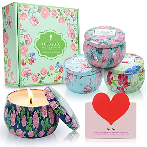 LA BELLEFÉE Velas Perfumadas Peonía, té Earl Grey, Tuberosa, Flor de Nectarina y Miel 100% Cera Soja Vegan Set de Regalo Aromaterapia Natural Incluye una Tarjeta de Felicitación