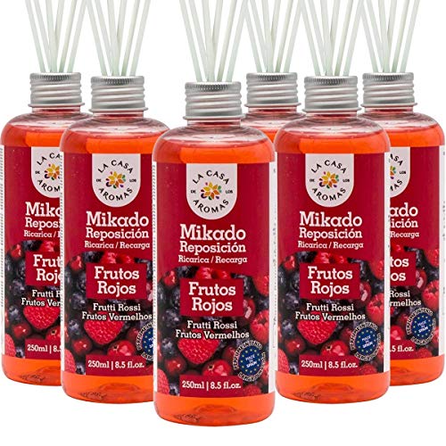 La Casa de los Aromas, Set de 6 x 250ml Ambientadores Mikado Frutos Rojos para Reposición con Varillas, Difusor Líquido de Aroma Frutos Rojos, Perfume Duradero para el Hogar, Baño, Casa - 6x250 ml