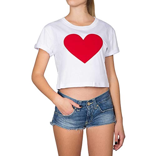 La File Des Fleurs – Camiseta de Mujer Formentera de algodón Blanco con corazón en Relieve y en Contraste Color Rojo. Cuello Redondo y Ajuste cómodo. Bianco L