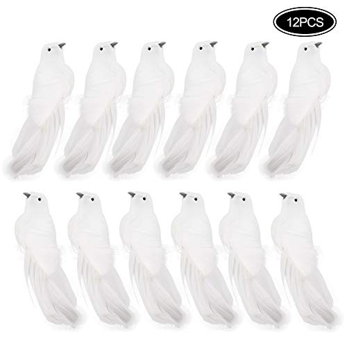 LAMF - Juego de 12 Palomas Artificiales con Plumas y Pinzas, diseño de pájaros Blancos para decoración de Bodas, Fiestas