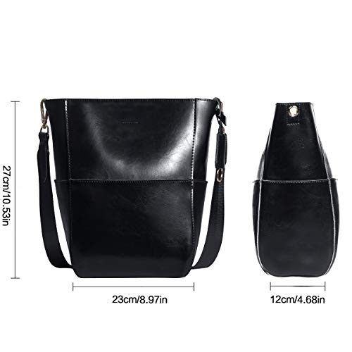 Leathario Bolso a Hombro de Piel para Mujeres Bolsa Tote Bandolera de Cubo Piel Negro