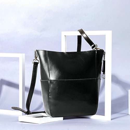 Leathario Bolso a Hombro de Piel para Mujeres Bolsa Tote Bandolera de Cubo Piel Negro