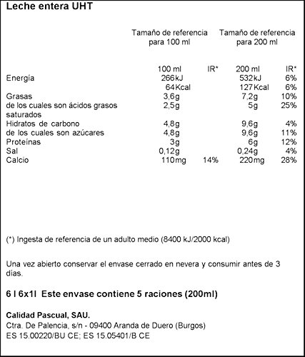 Leche Pascual - Clásica Leche Entera - 1 L (Paquete de 6)