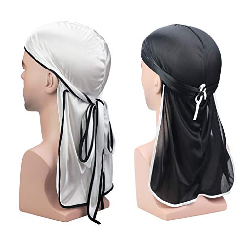 LEEQ Sedoso Durag Long Tail Headwraps Correas Ancha Gorra Pirata Suave Sombrero (Juego de Color 1, 3 Piezas)