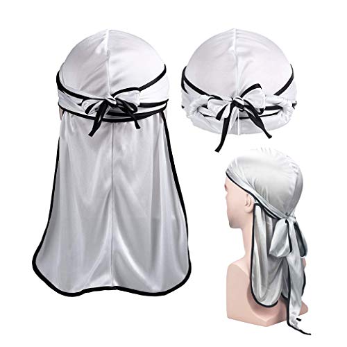 LEEQ Sedoso Durag Long Tail Headwraps Correas Ancha Gorra Pirata Suave Sombrero (Juego de Color 1, 3 Piezas)