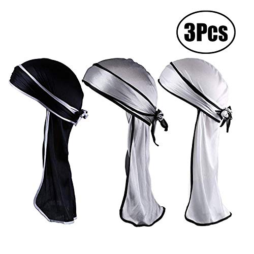 LEEQ Sedoso Durag Long Tail Headwraps Correas Ancha Gorra Pirata Suave Sombrero (Juego de Color 1, 3 Piezas)