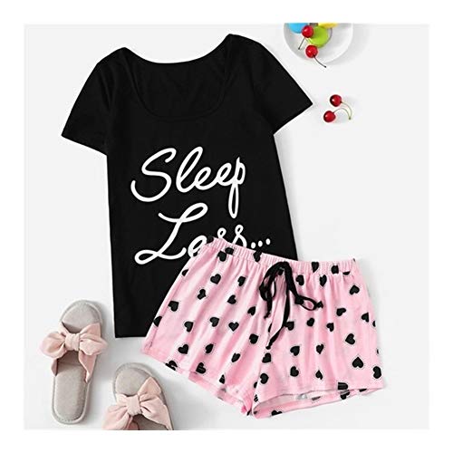 Lema Lindo De Manga Corta Camiseta Y Estampado De Corazones Lazo De La Cintura Pantalones Cortos Pijamas Set Mujeres Ocasional Del Verano Ropa De Noche Pj Conjunto Pijamas ( Color : Multi , Size : S )