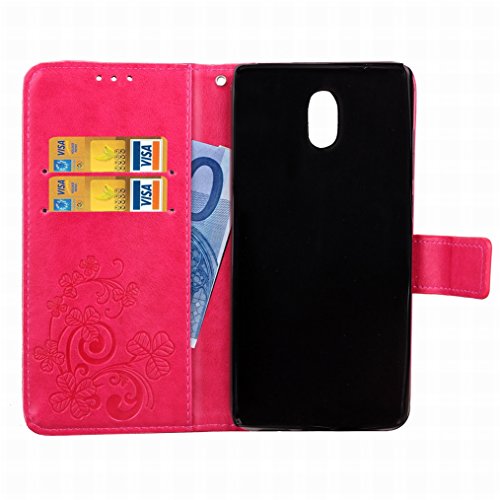 LEMORRY Funda para Nokia 3 Carcasa Tapa Bolsa Piel Cuero Flip Cover Billetera con Clips de Dinero Slim Protector Magnética Cierre TPU Silicona Estuches, Trébol de la Suerte Rosa