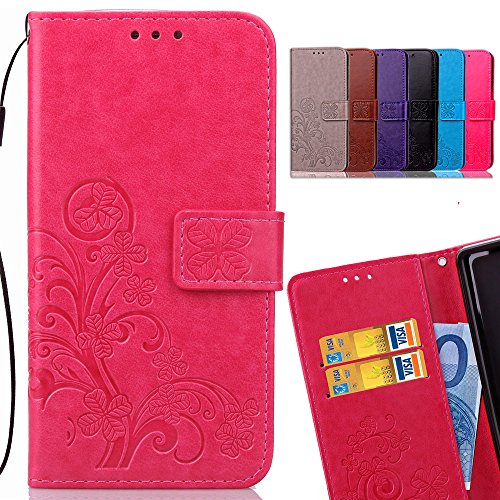 LEMORRY Funda para Nokia 3 Carcasa Tapa Bolsa Piel Cuero Flip Cover Billetera con Clips de Dinero Slim Protector Magnética Cierre TPU Silicona Estuches, Trébol de la Suerte Rosa