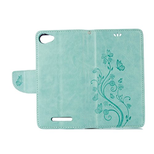 LEMORRY para Wiko Jerry Funda Estuches Cuero Flip Billetera Bolsa Piel Slim Protector Magnética Cierre Standing Card Slot TPU Silicona Carcasa Tapa para Wiko Jerry, Suerte Césped Verde