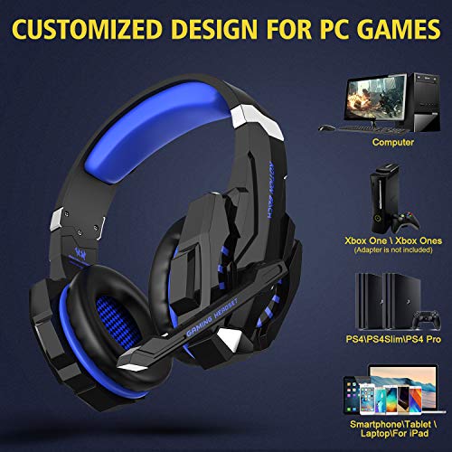 LESHP - Auriculares para gamer G9000 con cable para PC, PS4, portátil, tableta y móvil - Con micrófono, audio estéreo, luz led y antirruido Noir+Bleu