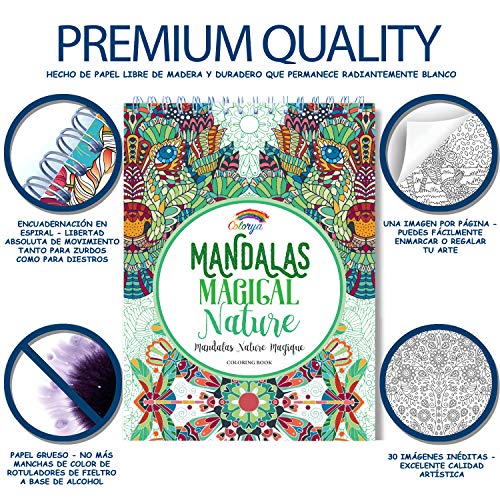 Libros Para Colorear Adultos por Colorya - Mandalas Magical Nature - Libro Colorear Adultos Premium, Sin Manchas, Impresión A Una Cara, Tamaño A4 y Espiralado + Ebook Extra con Ejemplos, Ideas y Tips