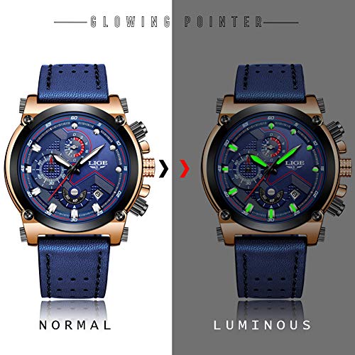 LIGE Hombre Relojes Moda Impermeable Relojes Clásico Negocios Analogicos Cuarzo Relojes con Ocio Azul Correa de Cuero Relojes