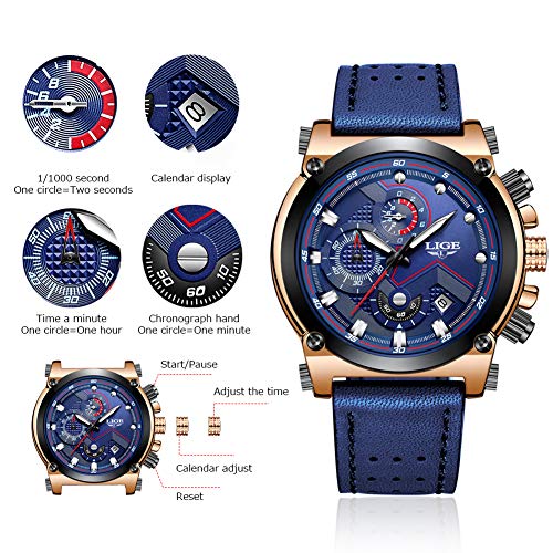 LIGE Hombre Relojes Moda Impermeable Relojes Clásico Negocios Analogicos Cuarzo Relojes con Ocio Azul Correa de Cuero Relojes