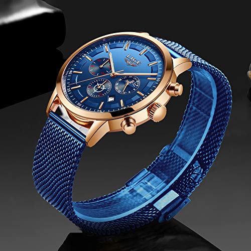 LIGE Relojes Hombre Moda Impermeable Acero Inoxidable Analógico Cuarzo Relojes Negocio Azul Fecha Automática Relojes