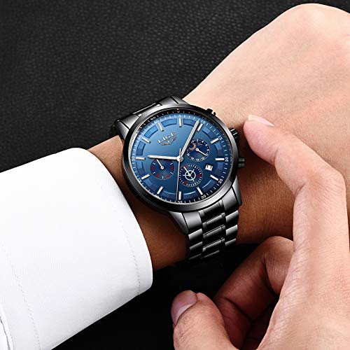 LIGE Relojes para Hombre Impermeable Deportivos Cuarzo Reloj Cronógrafo Acero Inoxidable Negro Reloj de para Hombres