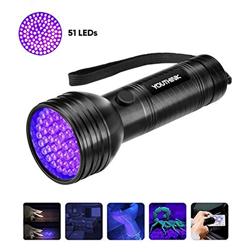 Linterna UV con 51 LED, Detector Ultravioleta de 395 nm para Detectar Orina de Mascotas en Alfombra, Flashlight Portable para Manchas de Cocinas, Caza Escorpión(51 LEDs)