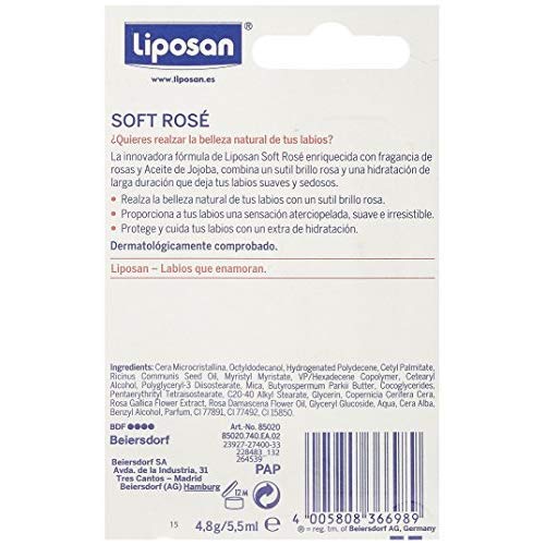 Liposan Soft Rosé, bálsamo labial rosa, cacao de labios para un brillo suave y luminoso, bálsamo hidratante para unos labios sedosos e hidratados - 1 x 4.8 g