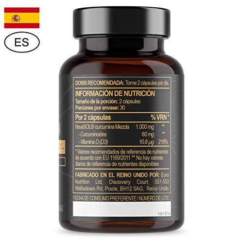 Liquid Curcumin - 60 cápsulas | Cúrcuma líquida con 185x Biodisponibilidad curcumina | 500 mg de NovaSOL por cápsula