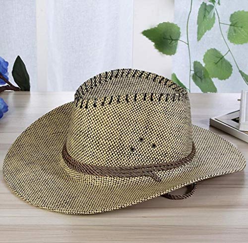 liqun Summer Fashion Men Straw Western Cowboy Hat Rope Wide Curling Brim Cap Chin Elastic Strap Beach Sun Hats,Wyh-4877-1