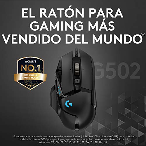 Logitech G502 HERO Ratón Gaming con Cable Alto Rendimiento, Sensor HERO 16K, 16 000 DPI, RGB, Peso Personalizable, 11 Botones Programables, Memoria Integrada, PC /Mac - Negro