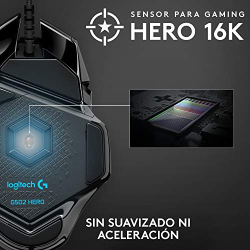 Logitech G502 HERO Ratón Gaming con Cable Alto Rendimiento, Sensor HERO 16K, 16 000 DPI, RGB, Peso Personalizable, 11 Botones Programables, Memoria Integrada, PC /Mac - Negro