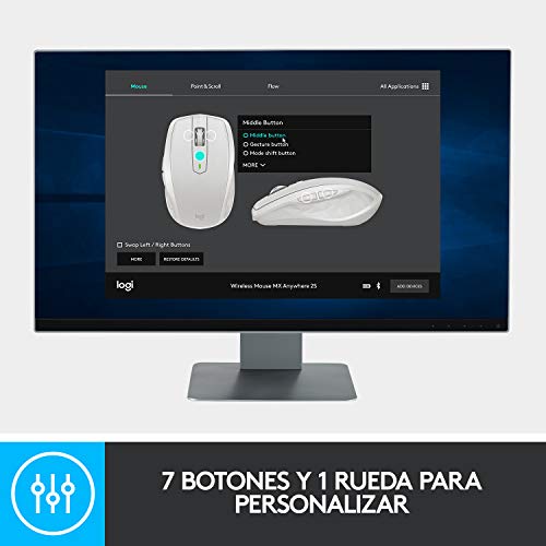 Logitech MX Anywhere 2S Ratón Inalámbrico, Multi-Ordenadores, 2.4 GHz y Bluetooth con Receptor Unifying USB, Seguimiento Láser 200/4000 DPI Toda Superficie, 7 Botones, Portátil/PC/Mac/iPad OS, Blanco