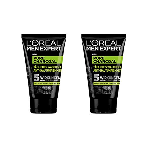 L'Oréal Men Expert, Pure Charcoal - Gel de lavado para la piel de los hombres con imperfecciones (espinillas, espinillas, piel grasa y grasa) (2 x 100 ml)