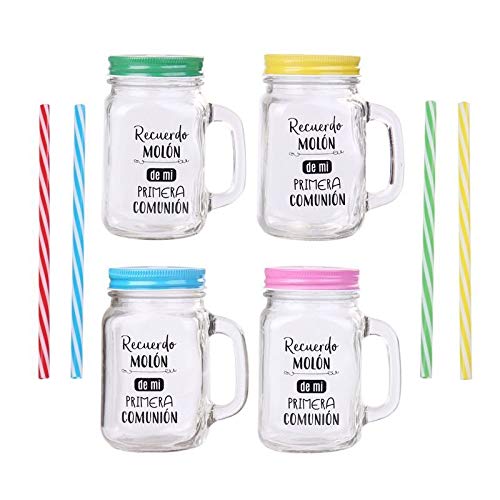 Lote de 20 Jarras Cristal Con Caña"RECUERDO MOLÓN" SURTIDO EN COLORES - Jarras con Frases, tazas originales para Detalles, recuerdos y regalos de Comuniones