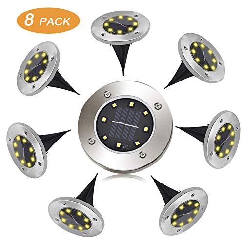 Luces Solares de 8 Leds, Pulchram Luces de Jardín Solares a Prueba de Agua IP65, Luces de Suelo Solares al Aire Libre, Iluminación de Piso de Acero Inoxidable para Paisajes, Césped, Patio(8 Piezas)