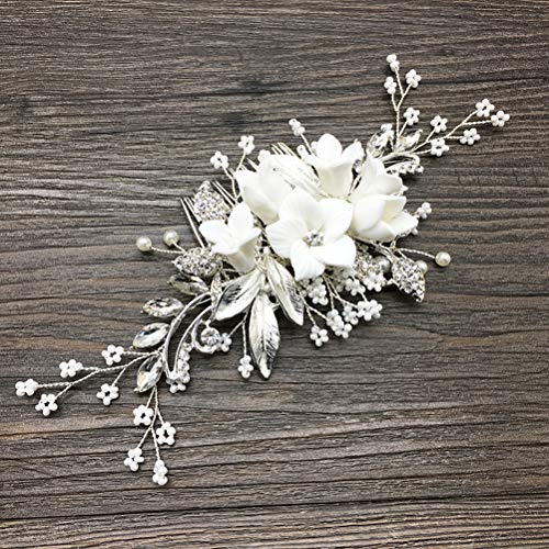 Lurrose Granos de cristal Peine del pelo Flor de cerámica blanca Joyería nupcial del pelo Peine del lado Broche cabello Accesorios boda Gorros para mujeres niñas