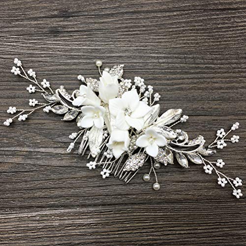 Lurrose Granos de cristal Peine del pelo Flor de cerámica blanca Joyería nupcial del pelo Peine del lado Broche cabello Accesorios boda Gorros para mujeres niñas