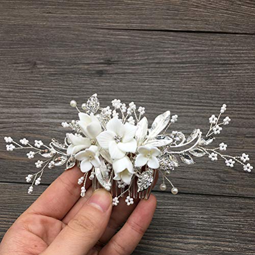 Lurrose Granos de cristal Peine del pelo Flor de cerámica blanca Joyería nupcial del pelo Peine del lado Broche cabello Accesorios boda Gorros para mujeres niñas