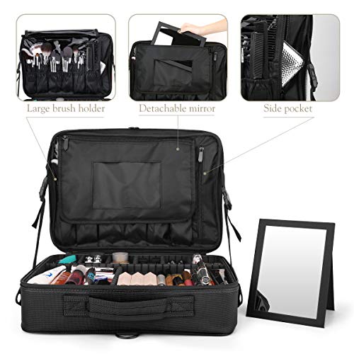 Luxspire Bolsa de Cosméticos de Viaje con Divisores Bolsillos con Espejo para Hombres y Mujeres, Estuche de Maquillaje Impermeable Portátil, Almacenamiento con Correa para Viajes de Negocios - Negro