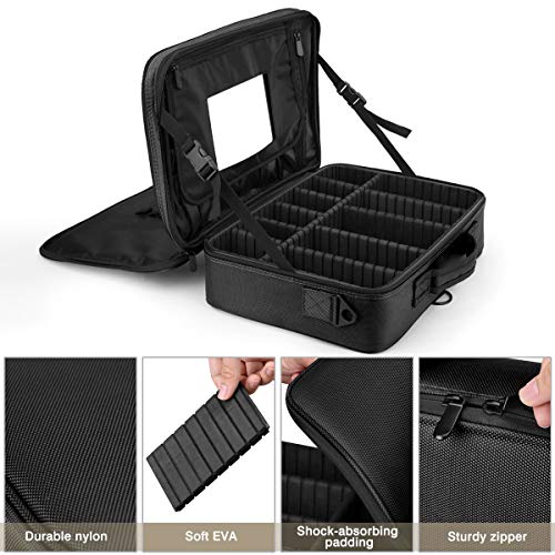 Luxspire Bolsa de Cosméticos de Viaje con Divisores Bolsillos con Espejo para Hombres y Mujeres, Estuche de Maquillaje Impermeable Portátil, Almacenamiento con Correa para Viajes de Negocios - Negro