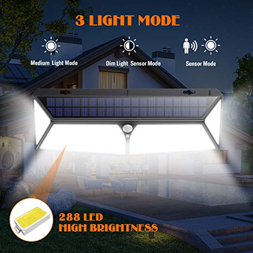 Luz Solar Exterior, [2020 Más Brillante Modelo 288 LED 2500 Lumens 2-Paquete] iPosible 270 °Iluminación Foco Solar con Sensor de Movimiento Impermeable 3 Modos Lámpara Solar para Jardín Camino