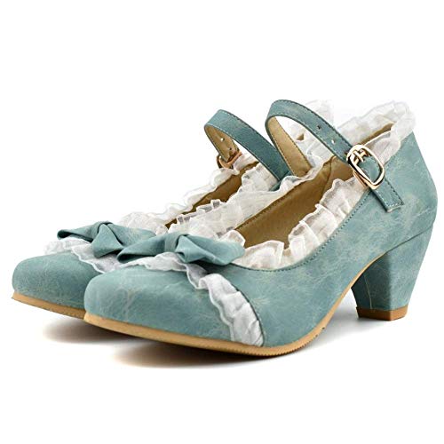 Lydee Mujer Dulce Arco Cosplay Zapatos Tacon Cone Correa de Tobillo Pumps Lolita Shoes Lace Blue Size 37