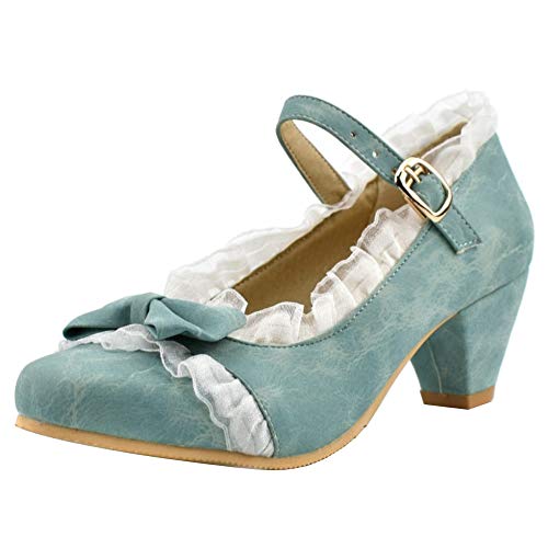 Lydee Mujer Dulce Arco Cosplay Zapatos Tacon Cone Correa de Tobillo Pumps Lolita Shoes Lace Blue Size 37