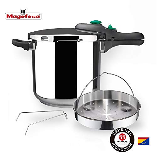 MAGEFESA Dynamic Olla a presión Super rápida de fácil Uso, Acero Inoxidable 18/10, Apta para Todo Tipo de cocinas, Incluido inducción. Pack Exclusivo Olla+Cestillo. (6 litros)